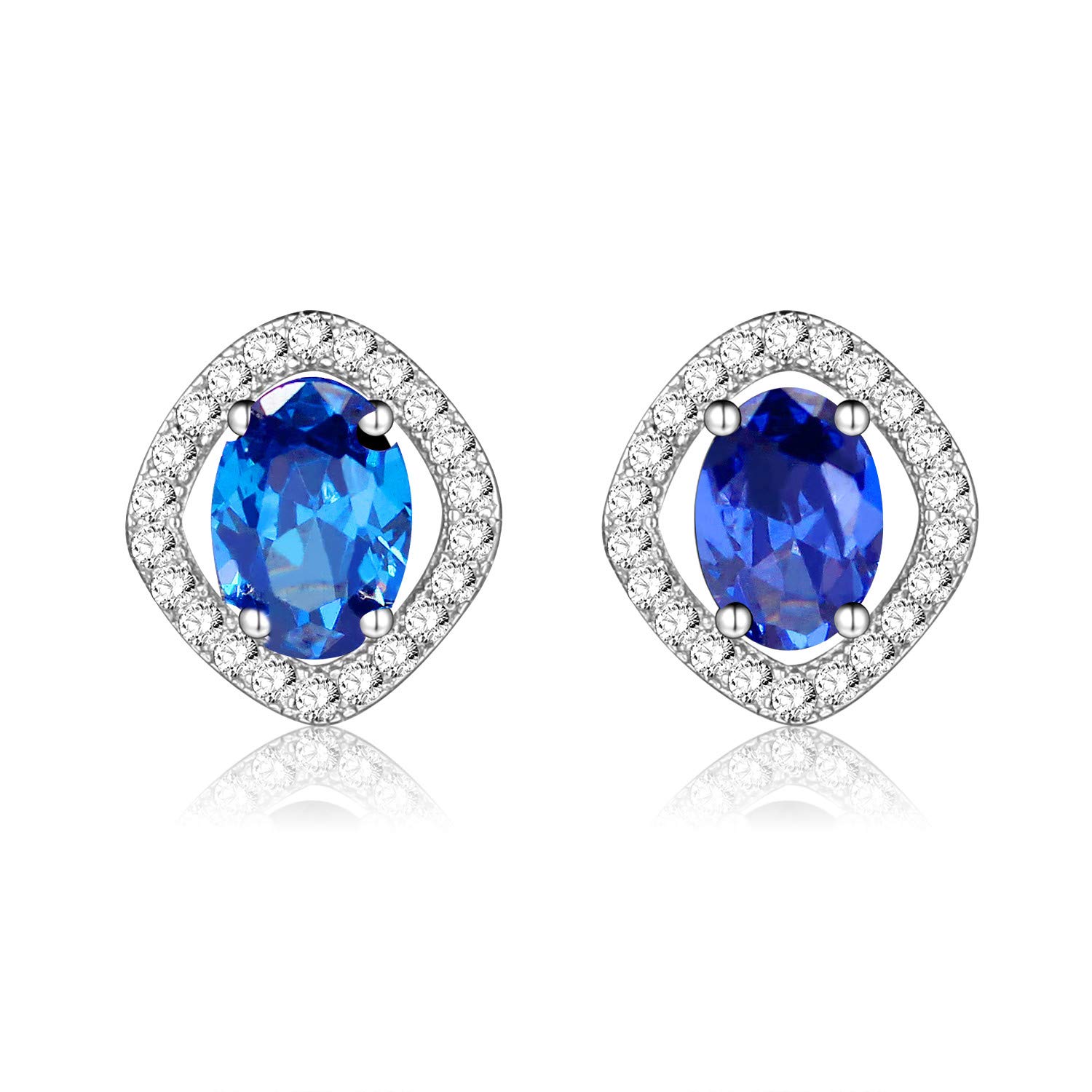 Uloveido Womens 925 Sterling Silver 1ct Oval Cut Created Blue Sapphire Hollow Square Geometric September Birthstone Stud Drop Earrings Platinum Plated (Blue, 1.8g) FR036