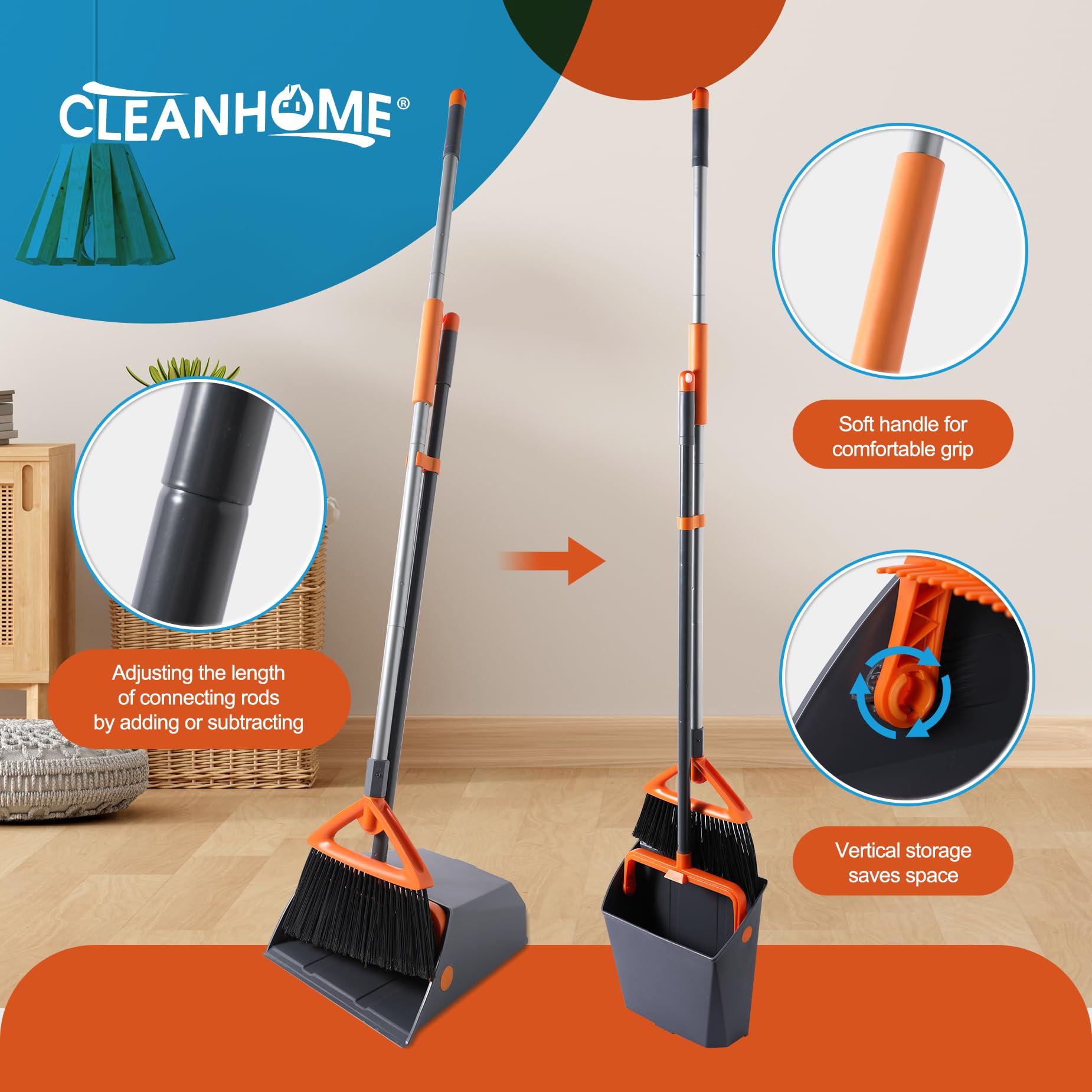 Commercial Broom and Dustpan Set with Long Handle, Outdoor Heavy Duty Broom and Dustpan for Rubbish Leaves Dog Pooper Scooper, Widely used in Courtyards, Garden, Gym,Hotels, Restaurants,Grey