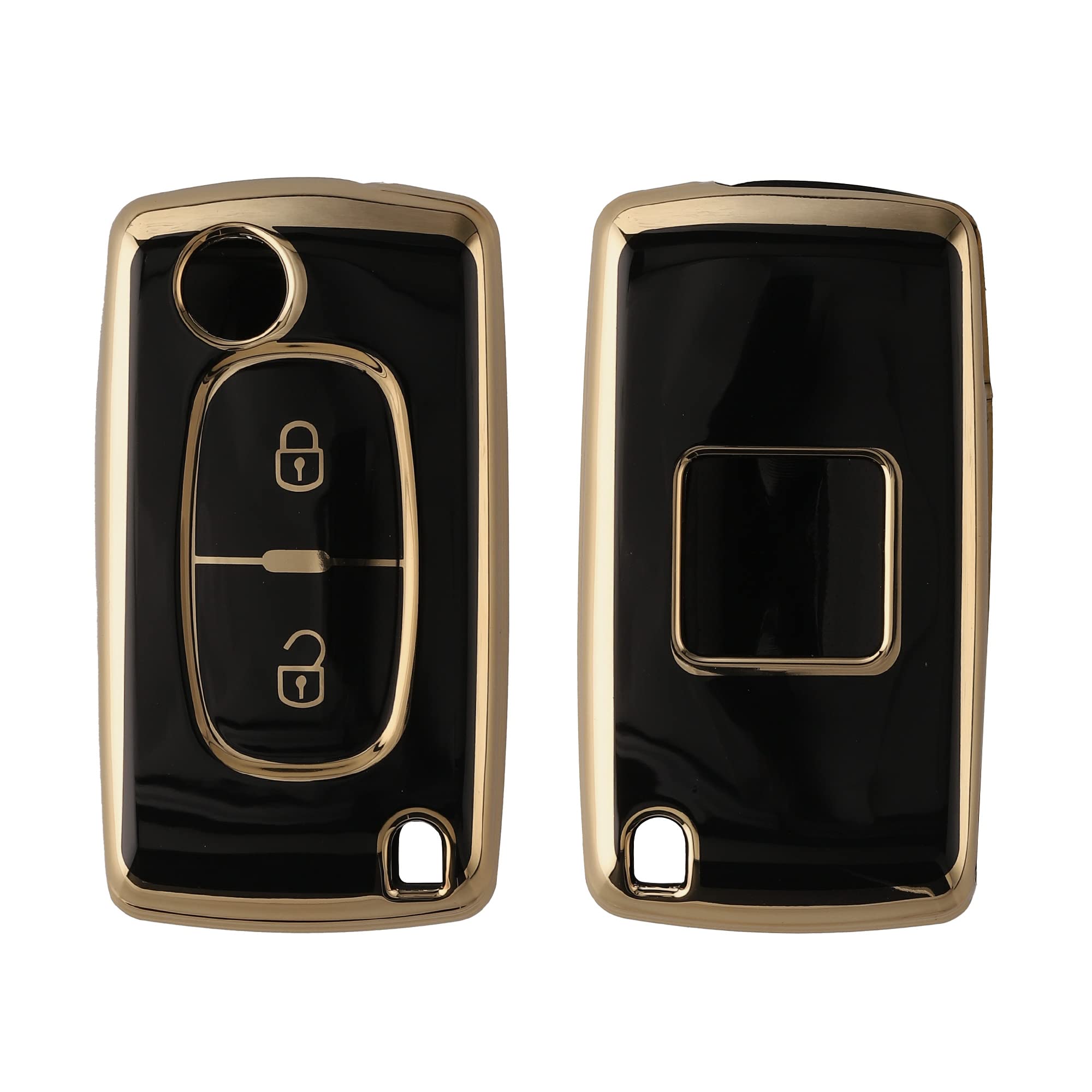 kwmobile Car Key Cover Compatible with Peugeot Citroen 2 Button Flip Key - Black/Gold