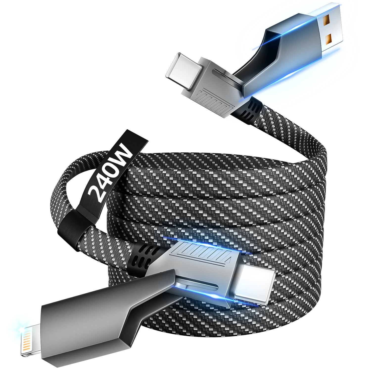 Photo 1 of USB C Cable, 240W MAX 4 in 1 Charging Cord 5FT with E-Mark Chip, Fast Charging USB A/C to C/Lightning Cable for iPhone 17/16/15/14/13 Series, MacBook/Pad/Android/Tablets and More, iPhone Charger Cord
