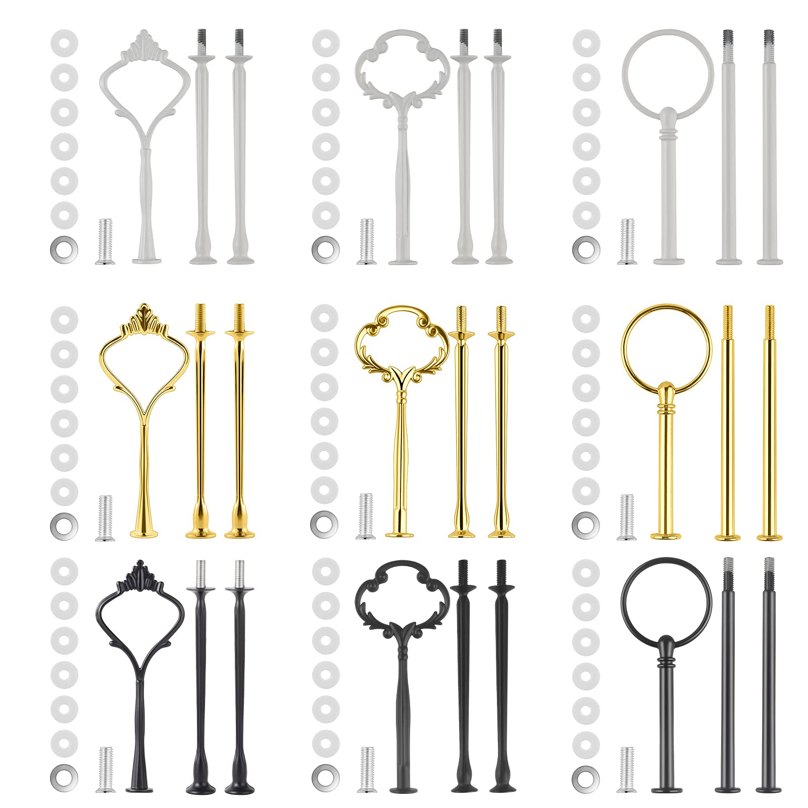 MSDADA 9 Sets Cake Stand Fittings Kits Tiered Tray Hardware for Cake, 3 Tier Stand Mold Holder Hardware for Wedding Party Making Resin Cupcake Dessert Platter Serving Stand(White&Gold&Black)