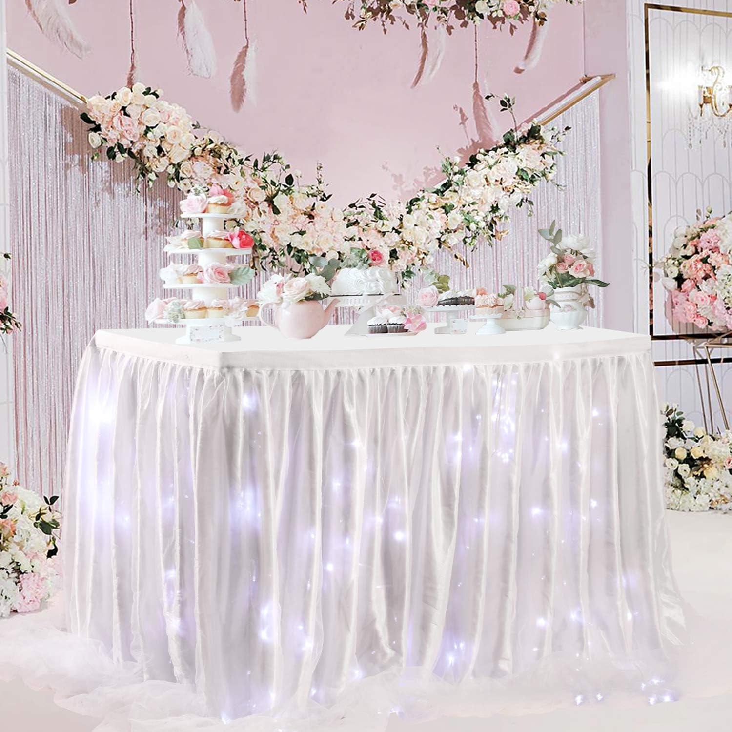 White Tulle Table Skirt Ruffle Table Cloth with LED String Lights for Rectangle or