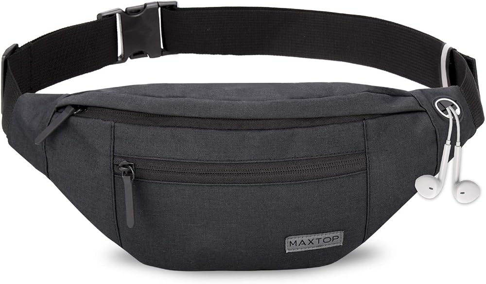 MAXTOP Large Bumbag Waist Fanny Pack Running Belt with Headphone Port Black