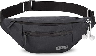 MAXTOP Large Bumbag Waist Fanny Pack Running Belt with Headphone Port Black