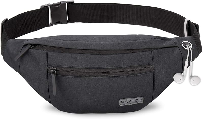 MAXTOP Large Bumbag Waist Fanny Pack Running Belt with Headphone Port Black
