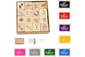 HRJZF 24 Pcs Rubber Stamp and Craft Ink Pad Set - 16 Pcs Wooden Rubber Stamps, 8 Pads for DIY Card and Scrapbooking