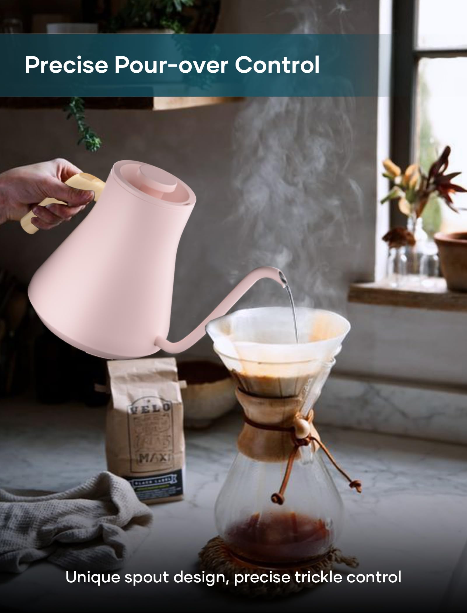 INTASTING Hervidores eléctricos, hervidor eléctrico de cuello de cisne, control de temperatura ±1 ℉, interior de acero inoxidable, calentamiento rápido, para verter sobre café, preparar té, hervir agua caliente, 0,9 L rosa