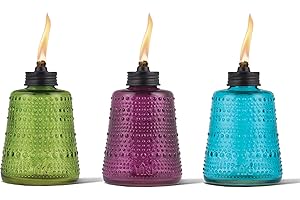 TIKI Carnival Glass Tabletop Torches, 3-Pack – Decorative Outdoor Tabletop TIKI Torches for Patio, Backyard & Garden – Portable Glass Flame Torches for Outdoor Lighting, Blue, Green & Purple, 6-Inch