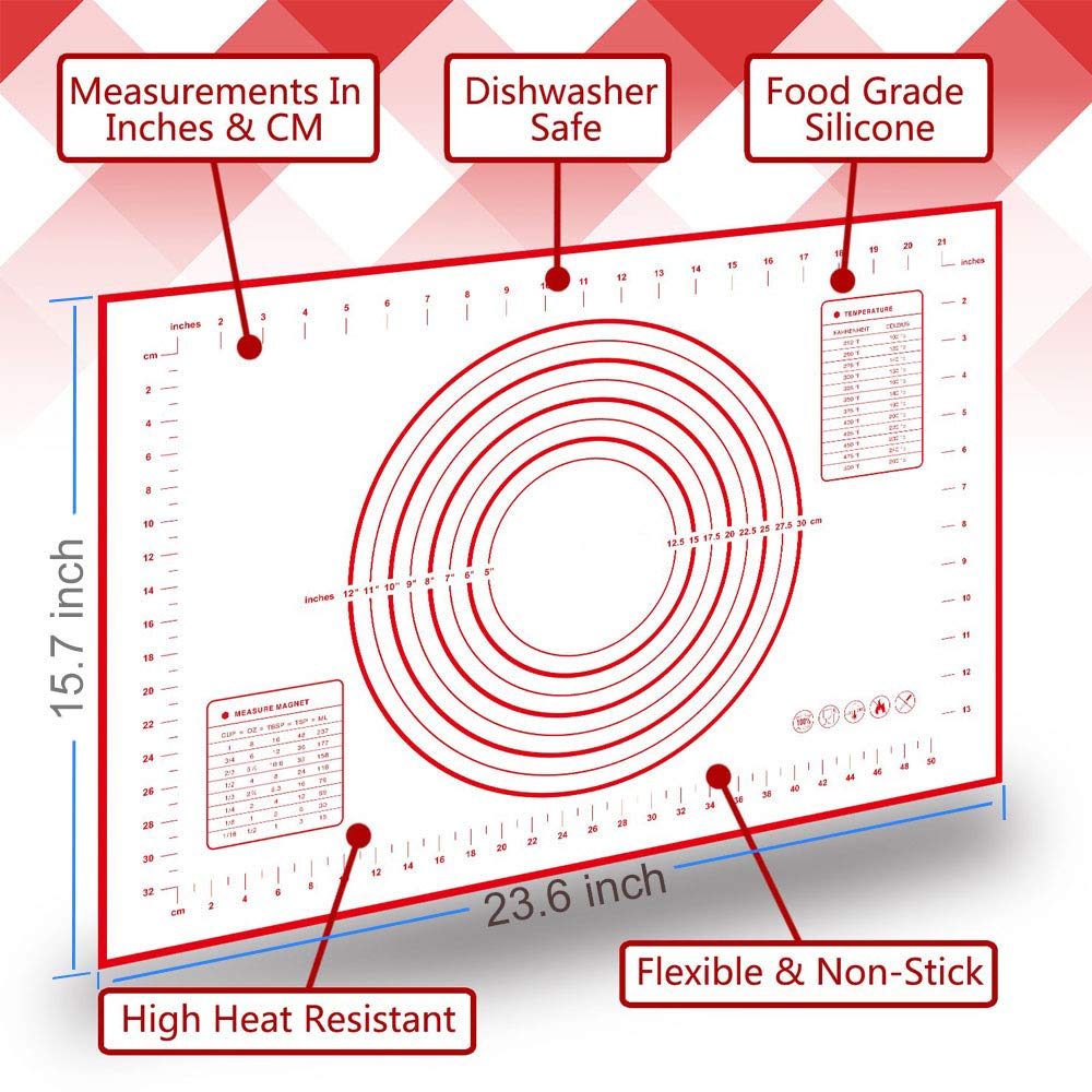 Silicone Pastry Mat with Measurements, FDA Approved, Non Stick Pastry Mat for Rolling, 23.6“ x 15.7” Heat Resistant, Food Grade (Red)