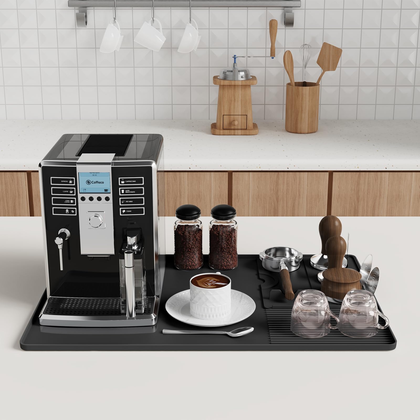 Large Silicone Mat Under Coffee Machines with Coffee Bar Tamp Mat, 60X40cm Multi-Functional Base Mat, Nonstick Heat Resistant for Countertop, Dish Drying Mat, Black
