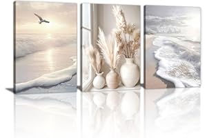 WENGTIAO 3 Pcs Beach Seaside Wall Art for Bedroom, Modern Beige Reeds Botanical Wall Picture Aesthetic Nature Coastal Sunset Landscape Wall Painting Poster Art Prints for Bedroom Office Home Decor 16"x24"x3Pcs
