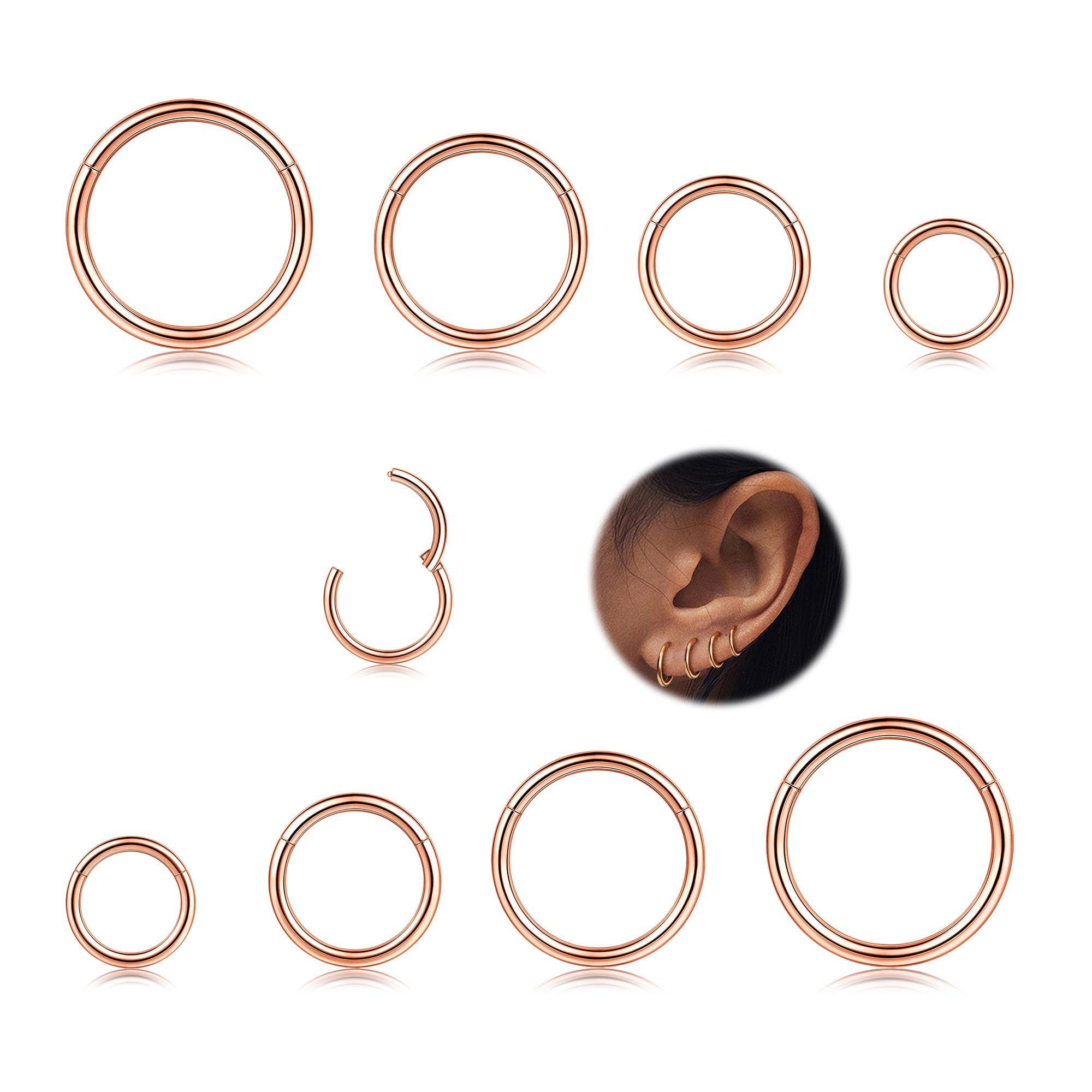 MILACOLATO 8Pcs 16G Surgical Steel Hinged Clicker Segment Nose Rings Hoop Helix Cartilage Daith Ohr Tragus Sleeper Earrings Body Piercing 6-12MM Rosegold