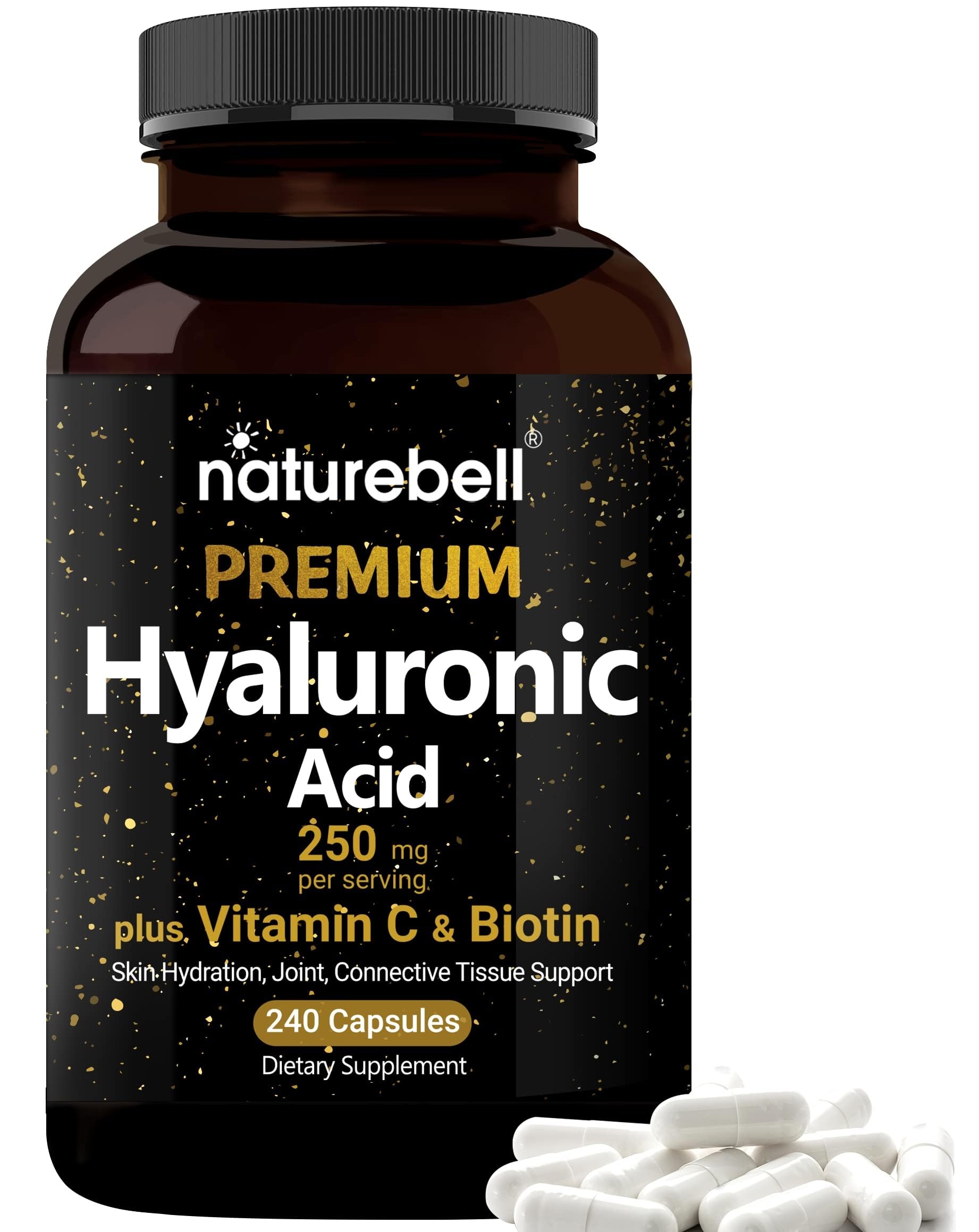 NatureBell Hyaluronic Acid Supplements 250mg | 240 Capsules, with Biotin 5000mcg & Vitamin C 25mg, 3 in 1 Support