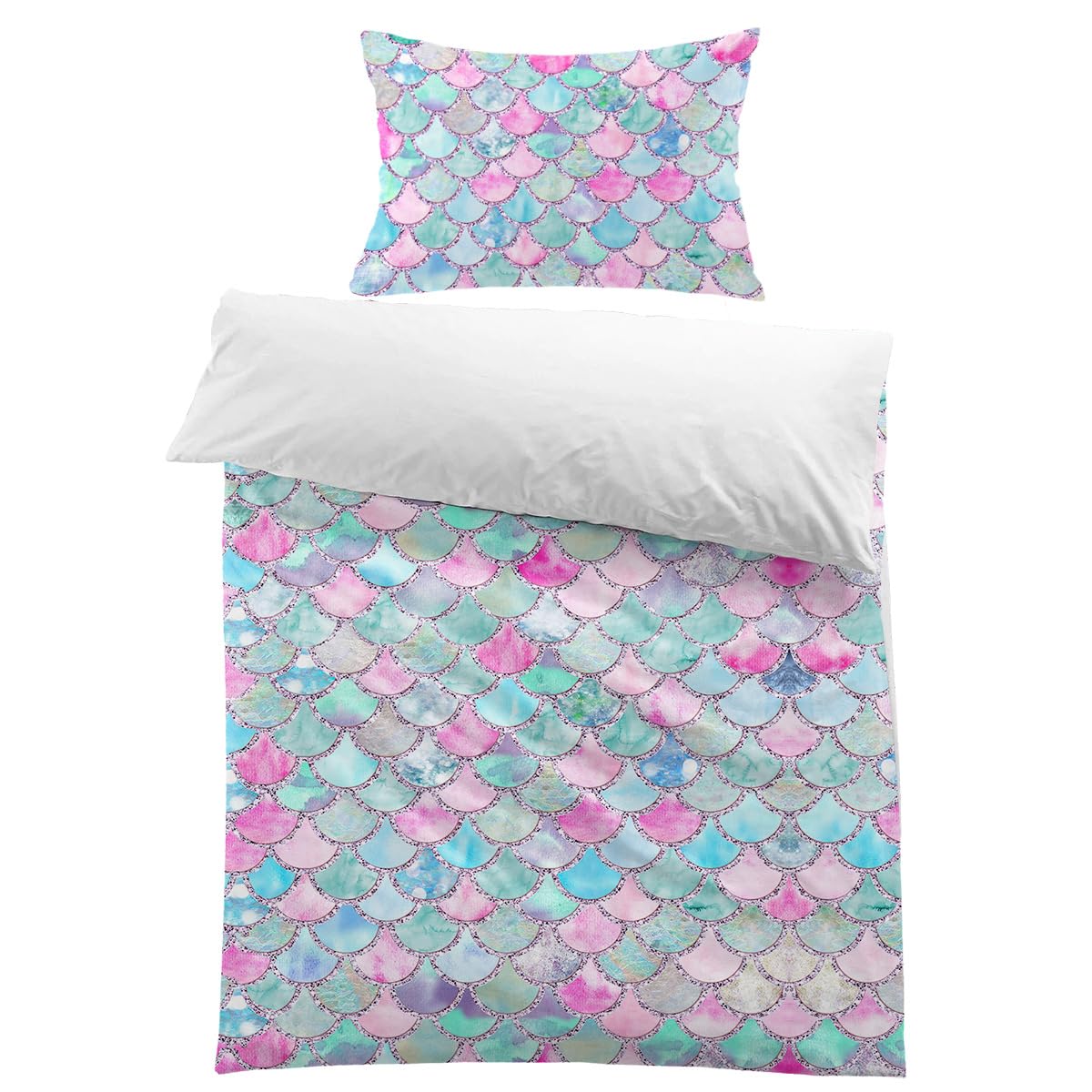 MUSOLEI Mermaid Bedding Set Girls Single Duvet Covet 135x200cm Colorful 3D Mermaid Tail Blue Duvet Cover Sets Pink Lovely Quilt Cover Soft with Pillwocase 50x75cm