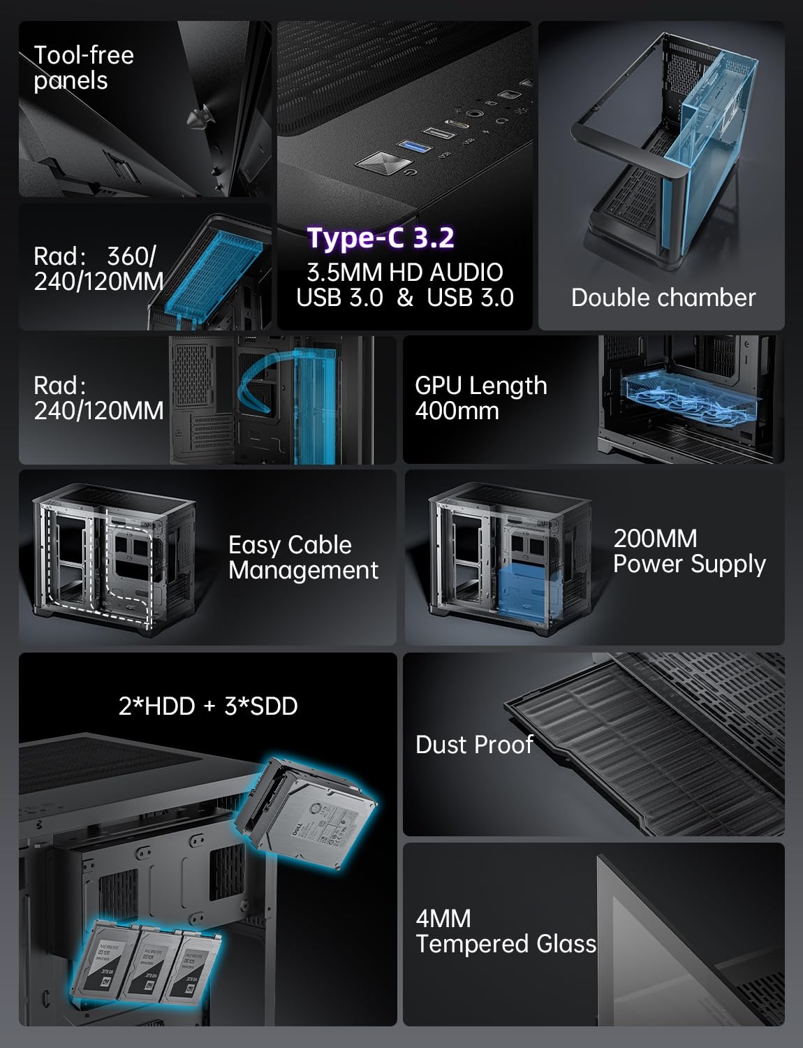 Amazoncom Asiahorse Matx Pc Case Dual Chamber 270 Full View Tempered