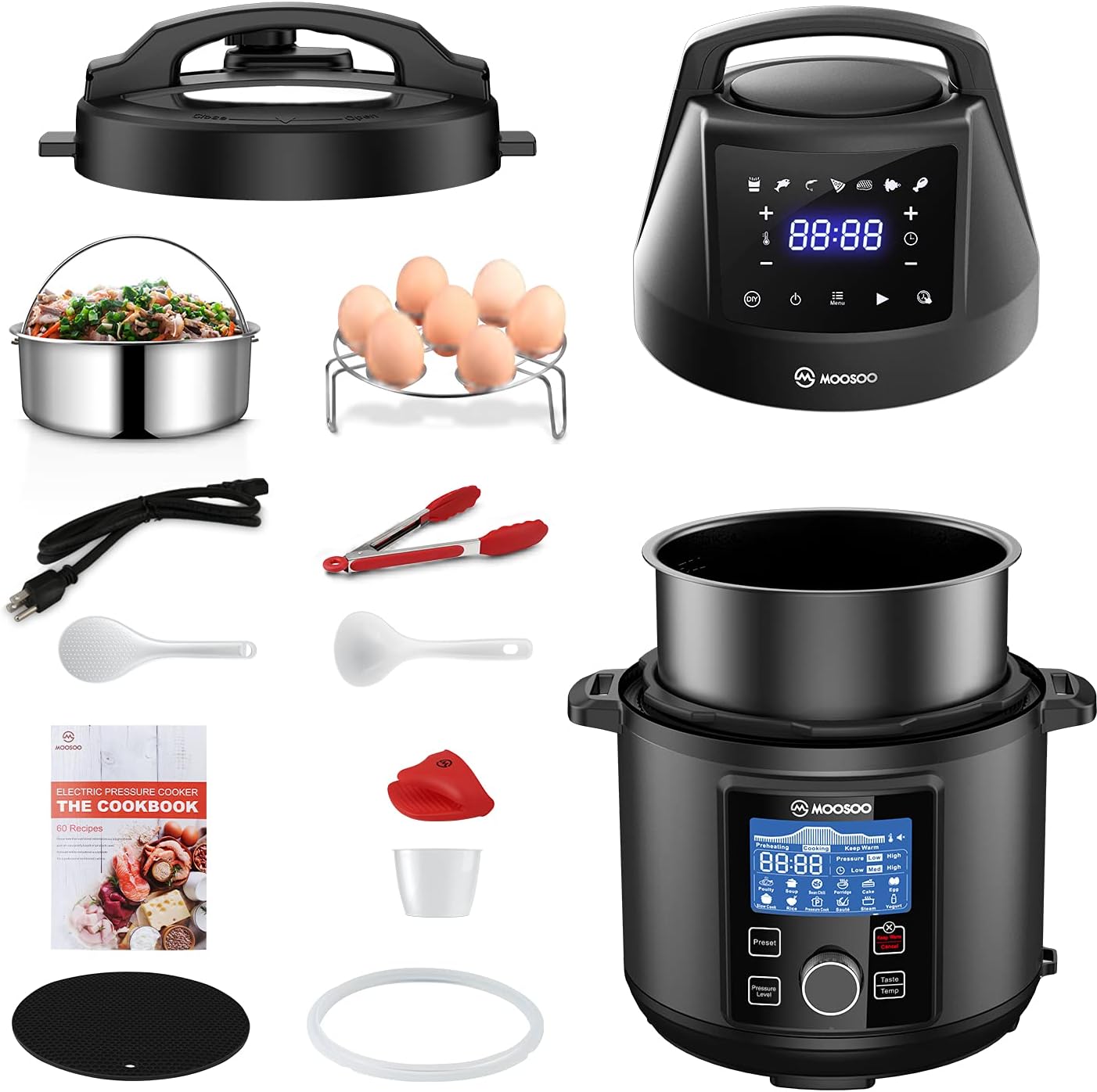 MOOSOO Pressure Cooker & Air Fryer Combos, 6 Qt Multi-Cooker with Large LCD Panel, Instant Stainless Steel Pot, Air Fryer, Slow Cooker, Saute, Yogurt Maker, Warmer, Recipes, 11+ Accessories