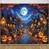 Happy Halloween Backdrop 10x8ft Full Moon Night Scary Street Background | Pumpkin Lantern Haunted House Photography Backdrops Horror Forest Party Decorations Spooky Halloween Themed Photo Booth Props