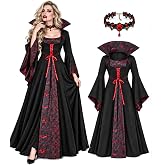 Vampire Costume Women Gothic Stand-Up Collar Vampiress Dress with Choker | Gothic Witch Costume, Floor-Length Dress with Long Bell Sleeves, Lace-Up Front and Gem Choker for Halloween, Cosplay, Party