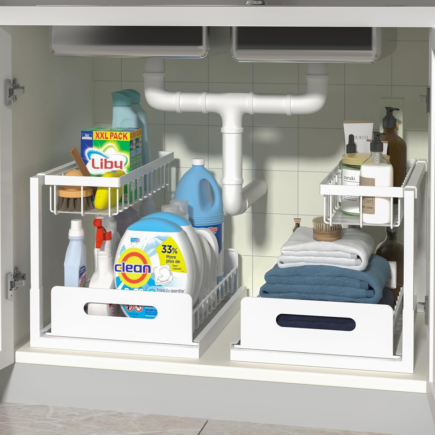 Photo 1 of Merrylun Under Sink Organizers, 2 Pack Metal Pull Out Under Sink Organizers and Storage Shelves with Sliding Drawer, Under Sink Storage for Kitchen, Bathroom, White, 2 Pack…