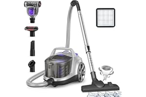 Aspiron Canister Vacuum Cleaner, Lightweight Bagless Vacuum Cleaner, 3.7QT Large Dust Cup, Automatic Cord Rewind, 5 Tools, HEPA Filter, Variable Speed Portable Vacuum for Hard Floors, Pet, Car, Silver
