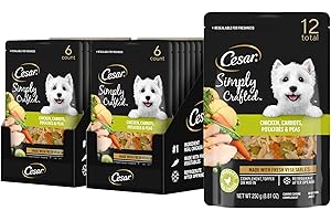 Cesar Simply Crafted Adult Wet Dog Food Toppers for Dry Food, Wet Food for Dogs, Chicken, Carrots, Potatoes & Peas, 8.82 oz. Pouches, 6 Count (Pack of 2)