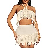 MakeMeChic Women's 2 Piece Outfit Crochet Halter Tie Open Back Fringe Crop Tops and Bodycon Skirt Set