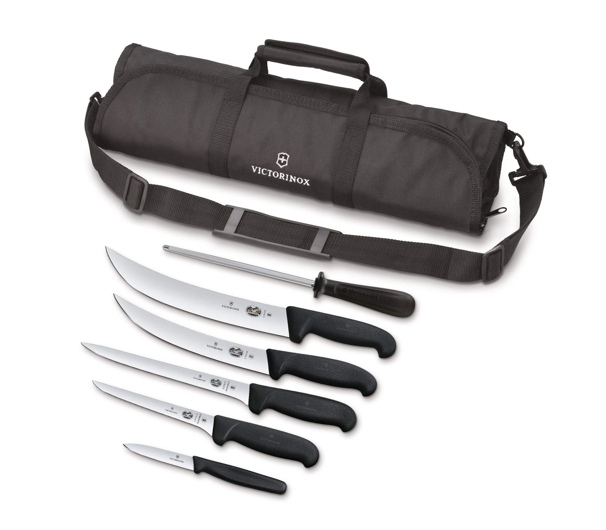 Victorinox Knife Set - Swiss Army Field Dressing Kit, 7-Piece Kitchen Knife Set, Kitchen Knives for Butcher/BBQ with Fibrox Handles, 10" Honing Steel and Case - Black