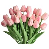 WISTART 20pcs Artificial Tulips Flowers Fake Faux PU Tulip Bouquet Real Touch Flower Arrangement for Home Room Office Party Wedding Decoration Excellent Gift Idea for Mothers Day (Pink)