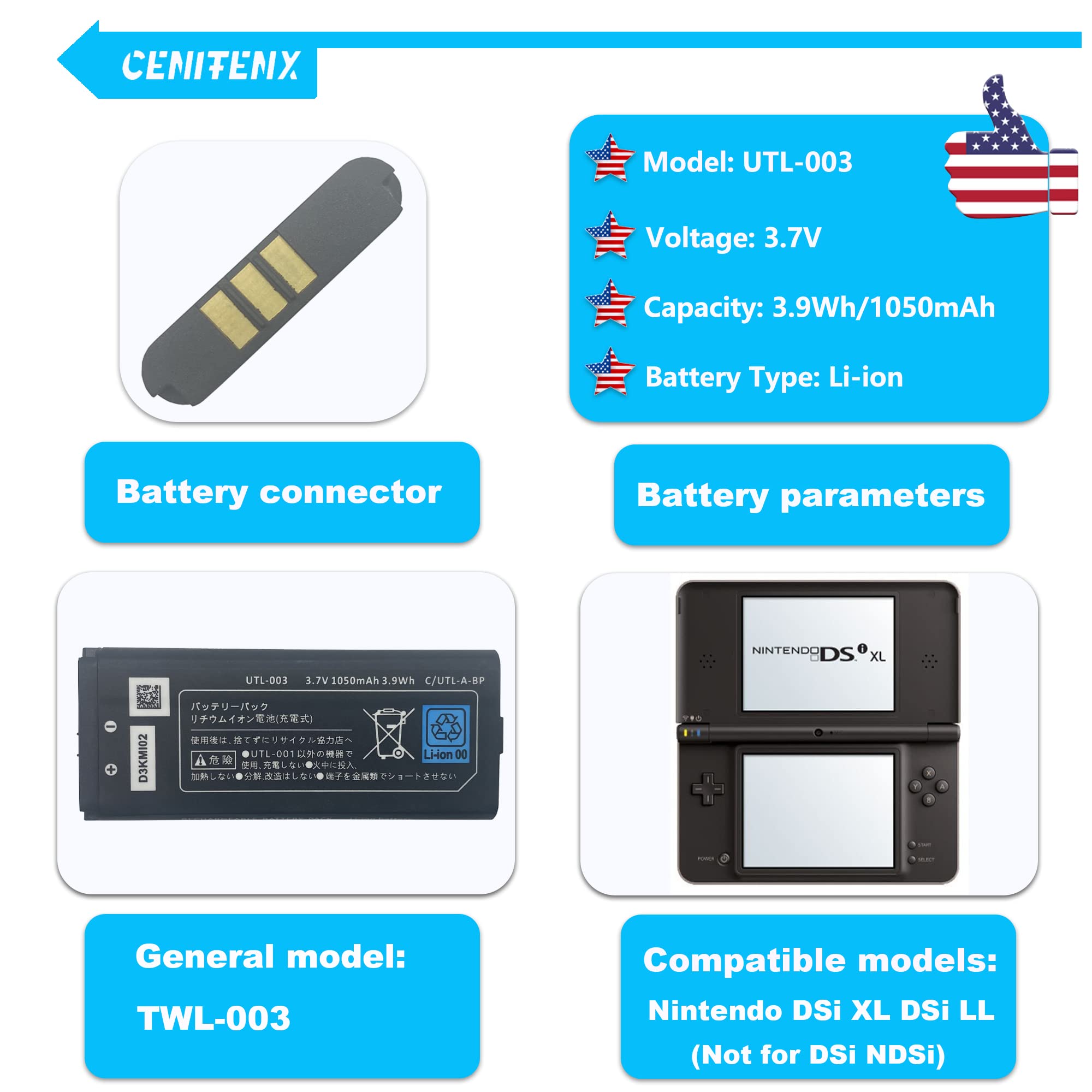 CENIFENX DSi XL Battery UTL-003 3.7V 1050mAh Replacement for DSi XL, DSi LL Game Player Battery with Repair Tool Kit (Not for DSi NDSi DS Lite)