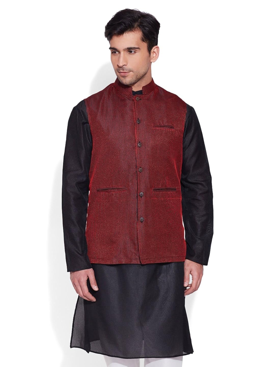 very me men's designer maroon faux silk textured nehru jacket