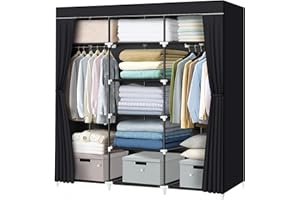 LOKEME Portable Closet, 55.5 Inch Wardrobe Closet for Hanging Clothes with 2 Hanging Rods, 9 Clothes Storage Organizer Shelves, Black Closet Extra Sturdy, Quick and Easy to Assemble