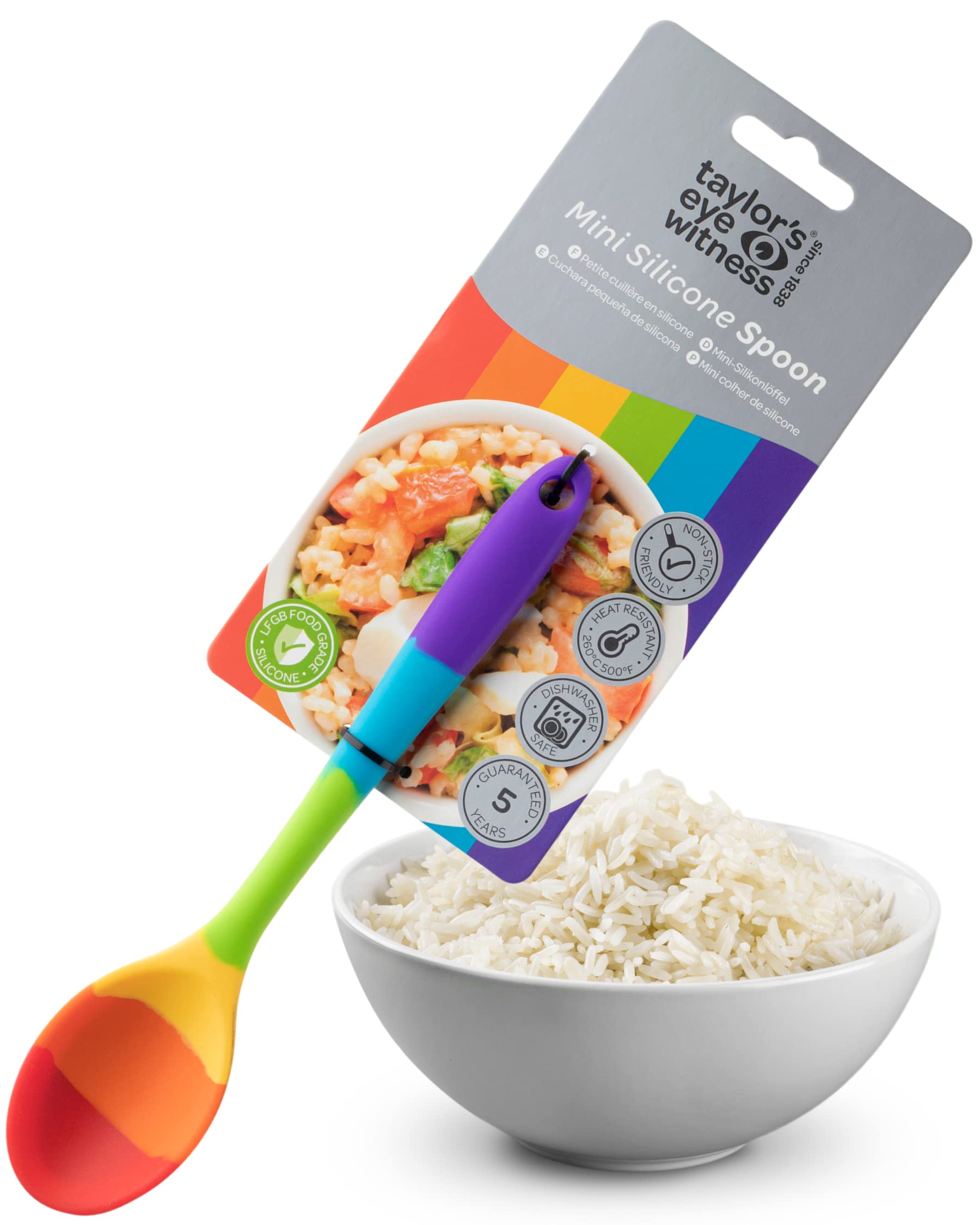 Taylors Eye Witness Mini Silicone Rainbow Stirring Spoon - Dishwasher Safe, Heat Resistant 260°C/500°F. Perfect for Non-Stick Pans. Small Enough for Jars. Odour & Stain Resistant. 5 Year Guarantee.
