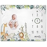Popfavors, Yuzioey Safari Baby Monthly Milestone Blanket - Jungle Animals Growth Chart for Nursery Decor - White, 50Inx40In - Includes Marker