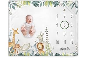 CKEWFAZ Popfavors, Yuzioey Safari Baby Monthly Milestone Blanket - Jungle Animals Growth Chart for Nursery Decor - White, 50Inx40In - Includes Marker