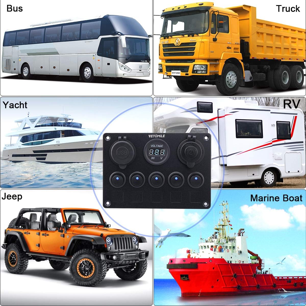 VETOMILE Boat Marin Rocker Switch Panel Waterproof 3 Pin 5 Gang Marine Fuse Digital Voltage Display Dual 5V/2.1A USB Charger Cigarette Lighter Socket 12V-24V for Car Truck: Automotive