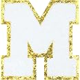 Iron-On Chenille Letter Patches - Glitter Alphabet A-Z, 2 Pack, White With Gold Glitter Edging, 3.15 Inch Varsity Style