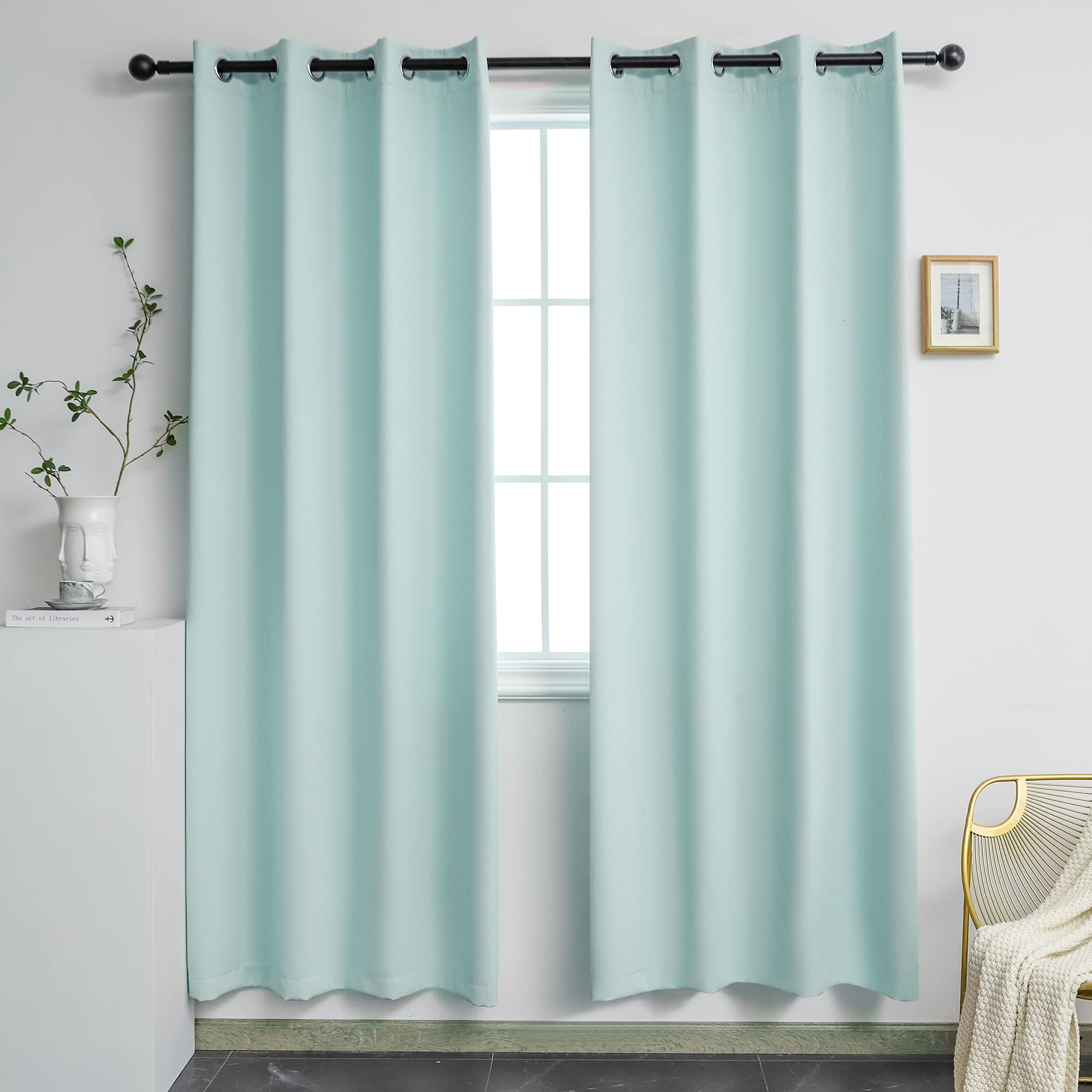 YGO Aqua Room Darkening Curtains for Bedroom Thermal Insulated Window Treatment Panels for Living Room 84 inch Long 2 Panels Set