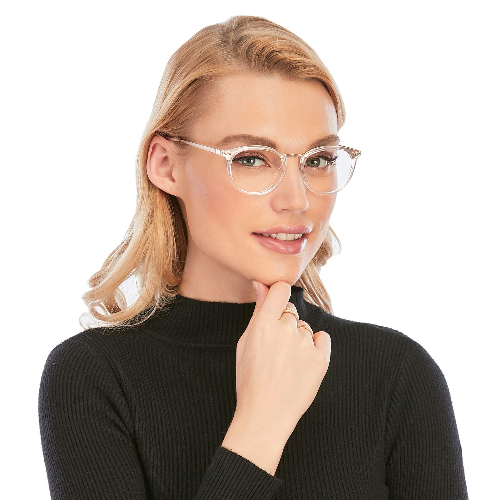 DOOViC Clear Reading Glasses 1.50 Blue Light Blocking Round Transparent Metal Frame Spring Hinge Readers for Women/Computer