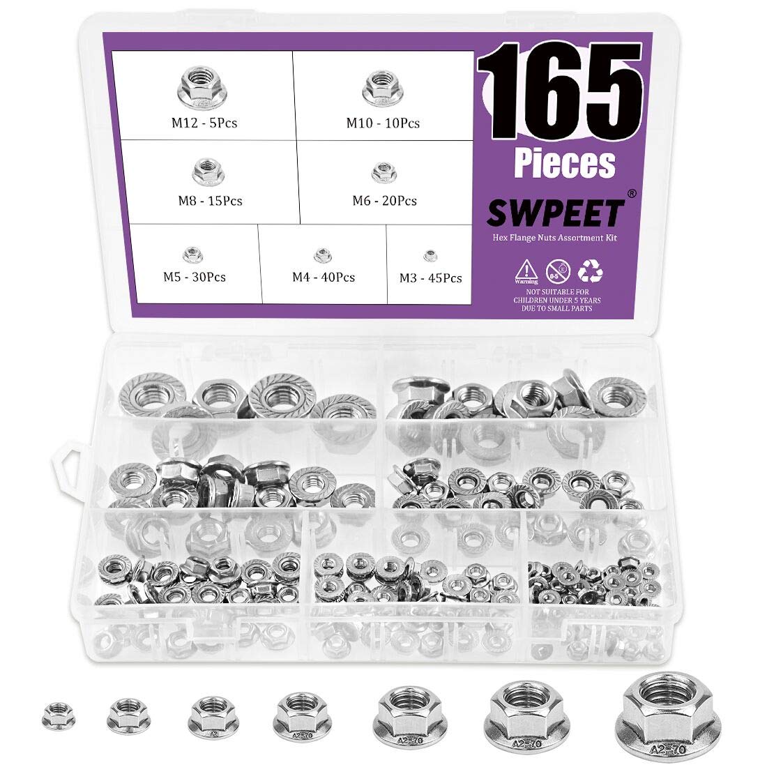 Swpeet 165Pcs 304 Stainless Steel Serrated Metric Flange Nuts Hex Lock Nuts Assortment Kit, 7 Sizes - M3 M4 M5 M6 M8 M10 M12 B07H9ZMJYZ B07H9ZMJYZ B07JHW8WZJ