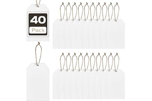 OUTUS 40 Pieces Mini Chalkboard Tags Wooden Stocking Name Tags Double Sided Erasable Hanging Board Labels with String Twine for Kids DIY Craft Supplies Baskets Storage Bins Price Tag Supplies (White)