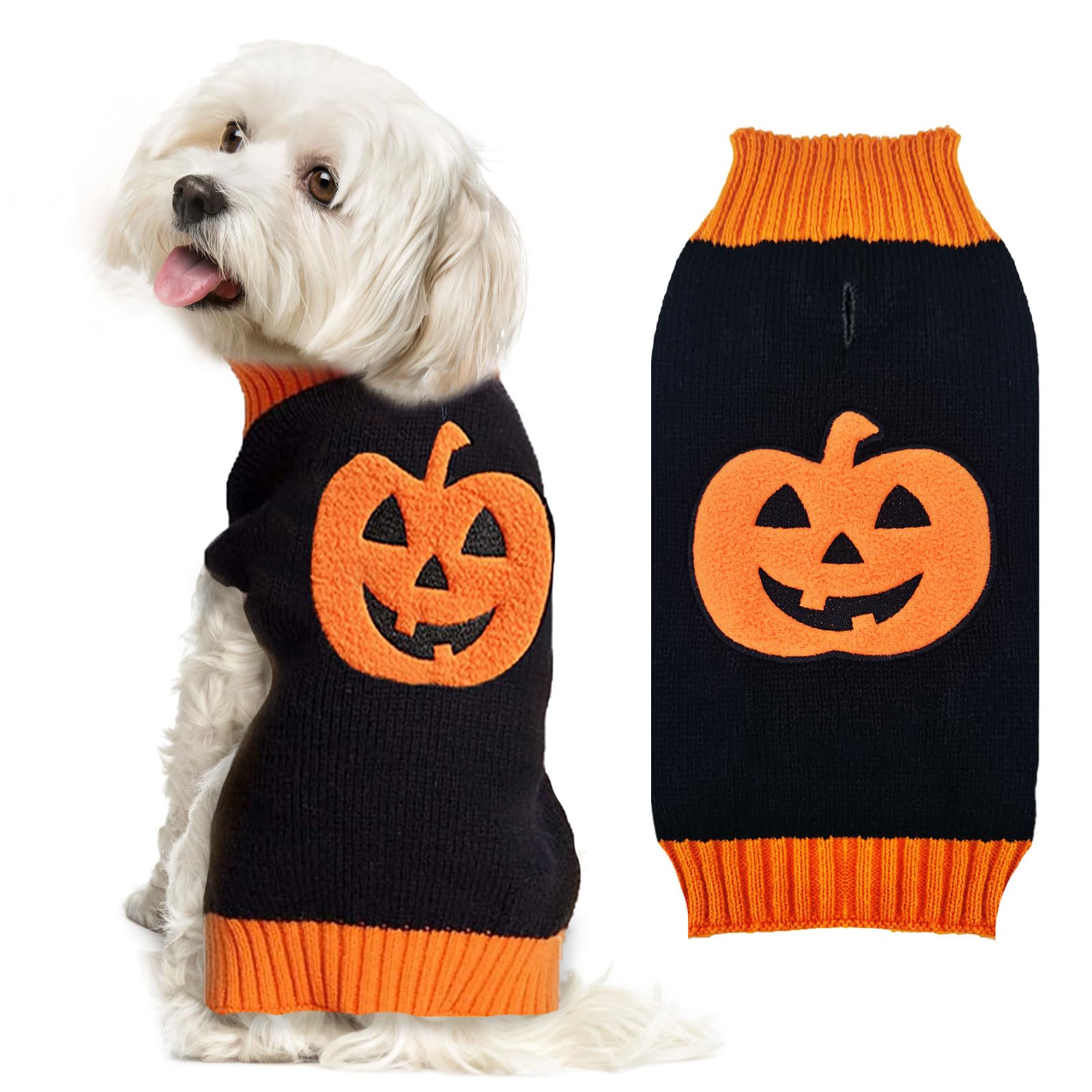 Photo 1 of DOGGYZSTYLE Dog Halloween Sweater Pumpkin Halloween Dog Cat Costumes with Leash Hole Puppy Turtleneck Knitwear for Small Midum Large Dogs Winter Warm Pet Clothes Funny Holiday Party Outfit (Black,XXS)