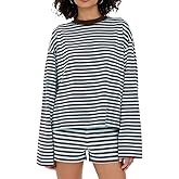 Women Y2K Striped Lounge Set Long Sleeve Oversized Sweatshirt Shorts Color Block 2 Piece Pajama Outfit Sweater Set