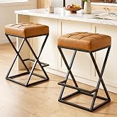 VATROS Bar Stools, 26 Inch Counter Height, Faux Leather Brown, Set of 2 | Backless Counter Stools with X-Frame Metal Legs, 3.3" Upholstered Seat, Mid-Century Modern, for Kitchen Island, Home Bar