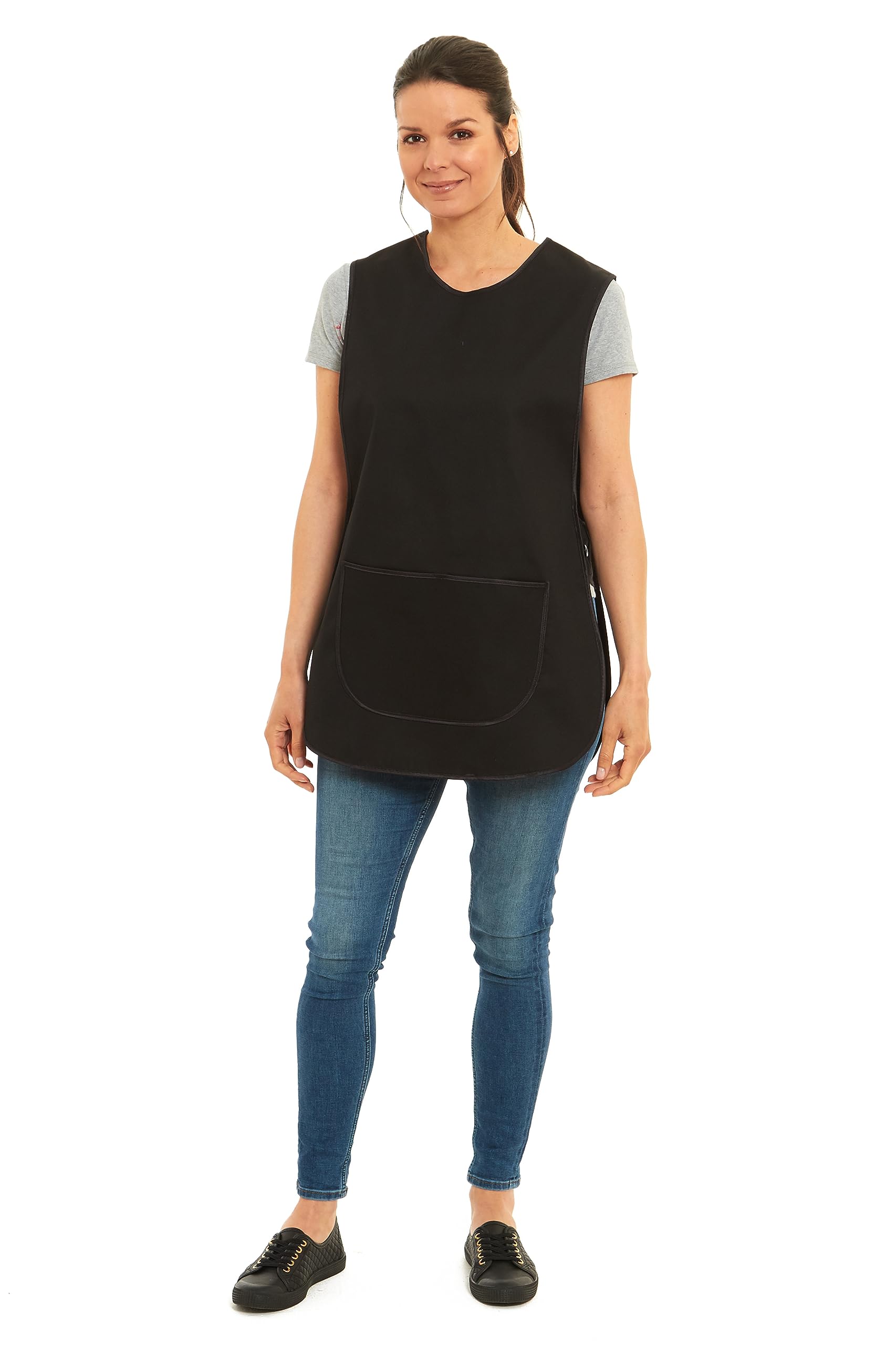 Tesmark Ladies Plain Colour Piping Design Tabard Apron Overalls Front Pocket Stylish Tabards for Women Casual Aprons for Women Home Kitchen Restaurants Coffee Shops UK Made (XL, Black/Black Piping)