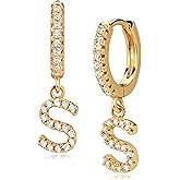 Gold Initial Earring 14K Gold Plated Dainty Tiny Diamond Cubic Zirconia Inlay Alphabet Letter Charm Drop Dangle Huggie Hoop Earrings Delicate Jewelry