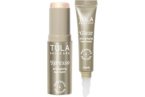 TULA Skin Care Eye + Lip Duo - Spresso Energizing Eye Balm 0.35 oz + Glaze Plumping Lip Treatment 0.28 oz, 2-Piece Holiday Kit