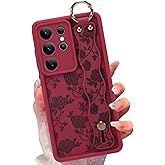 Jefonha Silicone Case for Samsung Galaxy S25 Ultra with Strap, Cute Rose Flowers Floral Phone Case for Girl Women, Adjustable Finger Strap Shockproof Protective Cover, Red Rose