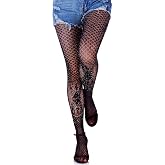 Olbye Black Fishnet Stockings Skull Tights Rhinestone Spiderweb Thigh High Waist Leggings Halloween Goth Tights for Women
