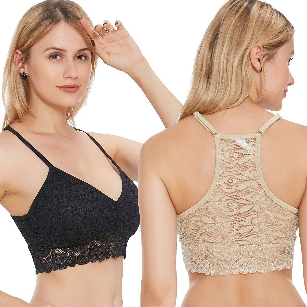 JOJOANS Ultra-Light and Breathable Lace Bra 2 Pack for Women (Black/Nude,L)