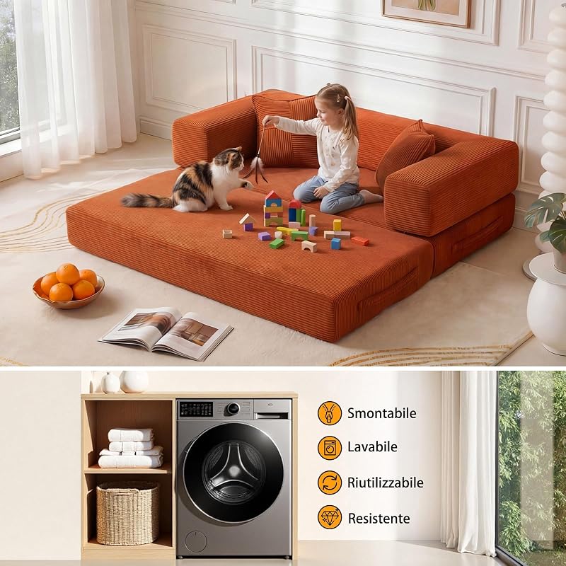 Divano letto senza ossa, 160 cm, corda premium, futon 5-in-1 con 2 cuscini in memory foam per piccoli spazi, arancione